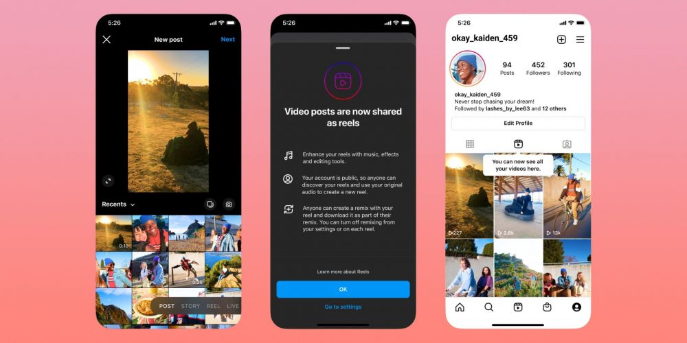 Instagram video posts shorter than 15 minutes are now shared as Reels