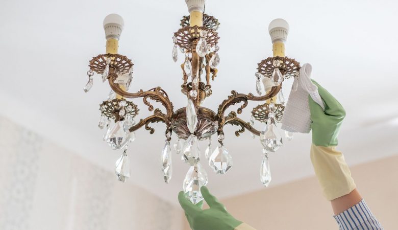 Cleaning the crystal chandelier